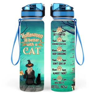 Custom Personalized Cat Witch Water Tracker Bottle - Upto 4 Cats - Halloween Gift Idea For Cat Lover - Halloween Is Better With A Cat Outlet Cheap Quality