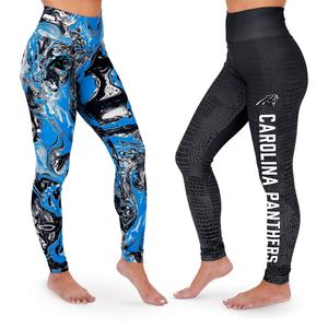 Zubaz NFL WOMENS CAROLINA PANTHERS 2 PACK LEGGINGS - BLACK/FLUORESCENT BLUE SWIRL & TONAL BLACK SKIN FADE Extra Small Professional