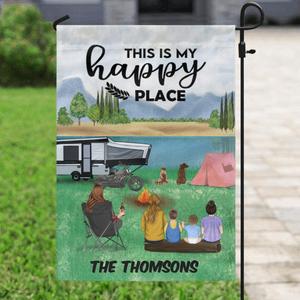 Custom personalized camping garden flag - Father's day gift for single man/woman with up to 4 kids and 2 pets - This is my happy place Outlet Locations