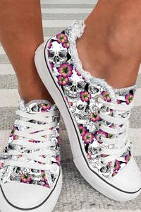 Women's Halloween Skull and Flowers Print Flat Canvas Shoes Buy Cheap 2025 Unisex