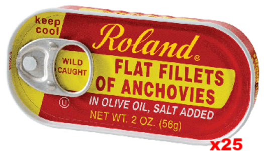 Anchovy Fillets in Olive Oil (Roland) CASE (25 x 2 oz) cans Authentic For Sale