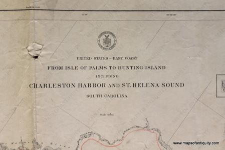 1914 - South Carolina - From Isle of Palms to Hunting Island including Charleston Harbor and St. Helena Sound  - Antique Chart Cost For Sale