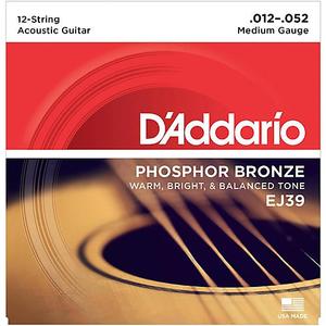 D'Addario EJ39 Phosphor Bronze 12-String Acoustic Guitar Strings - Medium, 12/52 Cheap Low Cost