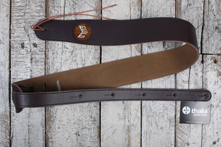 Thalia Guild Dark Chocolate Leather Guitar Strap with AAA Curly Koa and Pearl Clearance Online
