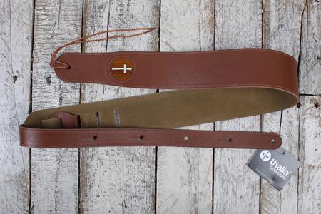 Thalia Brown Leather Guitar Strap with AAA Koa and Mother of Pearl Cross Inlay Outlet