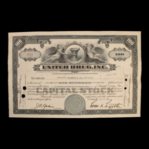 United Drug, Inc. Stock Certificate - 1930s - Pharmacy Chain Discount Cost