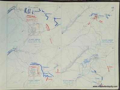 1948 - Atlanta Campaign, Battles of Peachtree Creek, Ezra Church, Atlanta, and Sutuation at Midnight, 31 Aug., and Movements Since Dawn, 2 August, 1864 (Plate 129) - Antique Map The Cheapest For Sale