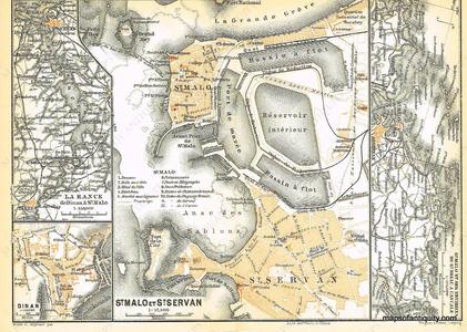 1909 - St. Malo et St. Servan, France - Antique Map Discount Low Cost
