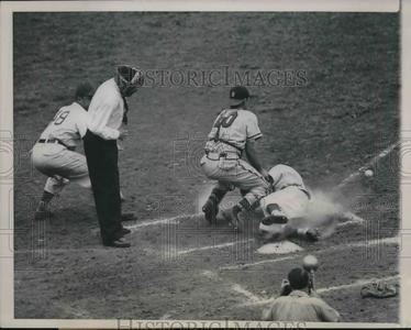 1948 Press Photo Phil Cavarretta Cubs Scores Run Phil Masi Red Sox Catcher MLB Cheap Sale Popular