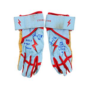 Oswaldo Cabrera Venezuelan Professional Baseball League Autographed and Inscribed "All we need is love, 2023 LVBP Season" Game Used Light Blue Pair of Bruce Bolt Batting Gloves (Oswaldo Cabrera LOA) Outlet Footlocker Finishline