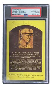 Warren Spahn Signed 4x6 Milwaukee Braves Hall Of Fame Plaque Card PSA/DNA Pices Cheap Pice