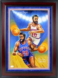Walt Frazier & Earl Monroe Signed Original Ron Lewis Painting Inscribed HOF JSA Best Place Online