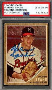 Warren Spahn Gem Mint 10 PSA DNA Signed 1962 Topps Autograph Discount Fast Delivery