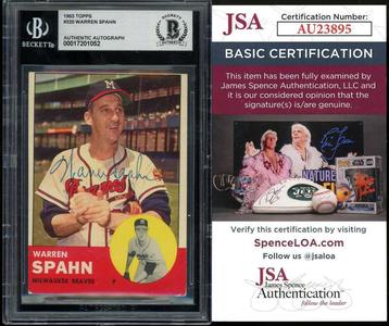 Warren Spahn Beckett BAS JSA COA Signed 1963 Topps Autograph Reliable Cheap Online