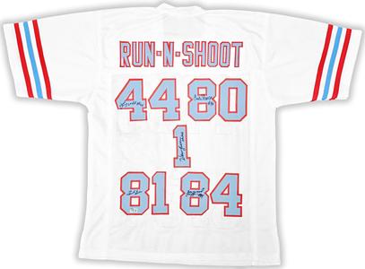 OILERS RUN & SHOOT AUTOGRAPHED WHITE JERSEY WITH 5 SIGS INCL WARREN MOON BECKETT Cheap Sale Fashionable