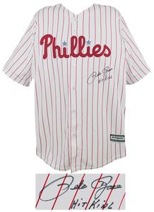 Pete Rose Signed Phillies White Majestic Rep Baseball Jersey w/Hit King (SS COA) Big Sale
