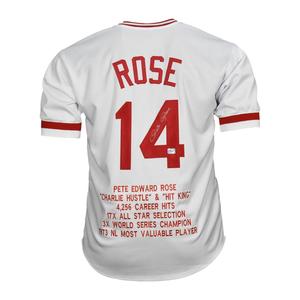 Pete Rose Signed Stats Cincinnati Pro Edition White Jersey (Fiterman and JSA) Sale Original