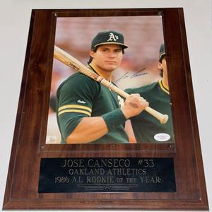 JOSE CANSECO SIGNED 12x15 WOOD FRAMED PHOTO & ENGRAVED 1986 AL ROY PLATE JSA COA Online Online Clearance