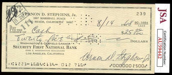 Vern Stephens JSA Coa Signed D.68 1968 Personal Check Autograph Order