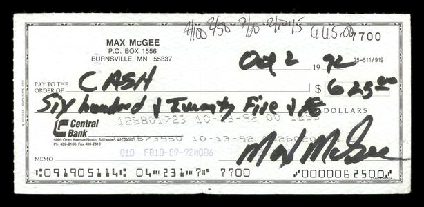 Max McGee Authentic Autographed Signed 2.75x6 Check Green Bay Packers 174017 Supply