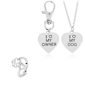 Silver 2pc "I love my dog", "I love my owner" Necklace & Paw Ring Set Discount Tumblr