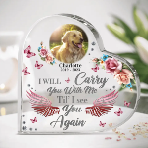 Custom Memorial Dog Crystal Heart - Upload Photo - Memorial Gift Idea For Dog Owners - I Will Carry You With Me Til' I See You Again Cheap Sale Shop For