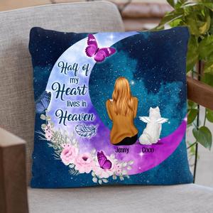 Custom Personalized Memorial Pet Mom Flower Moon Pillow Cover - Woman With Upto 4 Pets - Best Gift For Cat/ Dog Lover - Half Of My Heart Lives In Heaven Sale Big Discount