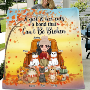 Custom Personalized Cat Mom Fall Season Quilt/Single Layer Fleece Blanket - Gift Idea For Cat Lovers - Up To 5 Cats - A Girl & Her Cats A Bond That Can't Be Broken With Paypal Online
