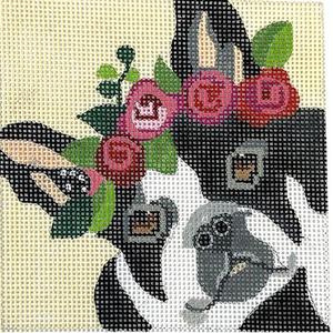 Frenchie with Pink Floral Crown 4" Square Sale Genuine