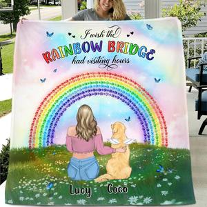 Custom Personalized Dog, Cat Memorial Fleece/ Quilt Blanket - Upto 4 Pets - Memorial Gift For Dog/ Cat Lover - I Wish The Rainbow Bridge Had Visiting Hours Enjoy Online