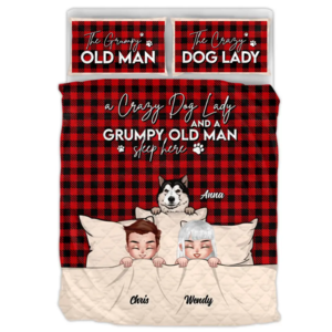 Custom Personalized Couple Quilt Bed Sets - Upto 5 Dogs/Cats - Gift Idea For Dog/Cat Lovers/Couple - A Crazy Dog Lady And A Grumpy Old Man Sleep Here Fast Delivery Sale Online