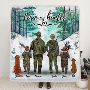 Custom Personalized Hunting With Pets Fleece Blanket/Quilt Blanket - Parents With Up To 2 Kids/ Couple/Single Parent/Solo Man/Woman and Pets - Best Gift For Hunting Lovers Free Shipping Nicekicks