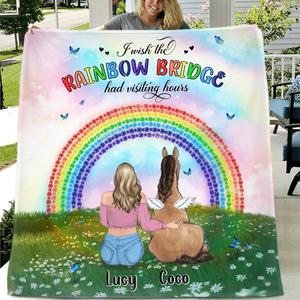 Custom Personalized Horse Memorial Fleece/ Quilt Blanket - Upto 4 Horses - Memorial Gift For Horse Lover - I Wish The Rainbow Bridge Had Visiting Hours Low Pice Fee Shipping