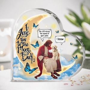 Custom Personalized Dog And Jesus Sitting On The Moon Heart Acrylic Plaque - Memorial Gift Idea For Dog Lover - I Love You To The Moon And Back Amazon Sale Online