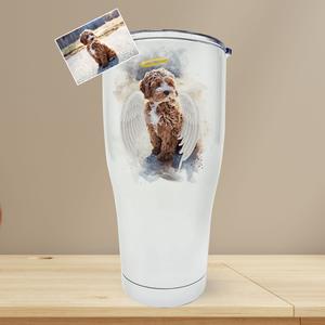 Pet Loss Memorial Portrait Painting from Photo with Angel Wings and Halo Deceased Pet on Fat Curved Tumbler Latest Cheap Online