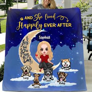 Custom Personalized Dog Mom On Moon Quilt/Fleece Blanket - Girl With Upto 5 Dogs - Gift Idea For Dog Lover - And She Lived Happily Ever After Pictures Cheap Pice
