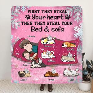 Custom Personalized Couple With Pet Quilt/Fleece Blanket - Couple With Upto 8 Pets - Best Gift For Dog/ Cat Lover - First They Steal Your Heart Then They Steal Your Bed And Sofa Clearance Order