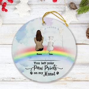 Custom Personalized Memorial Pets Ornament - Man/Woman With Upto 6 Pets - Memorial Gift For Dog Lovers/Cat Lovers - You Left Your Paw Prints On My Heart - AXSIO5 Clearance Best