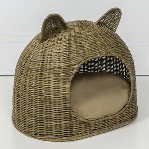 Cat Ear Coastal Handwoven Rattan Cat Bed with Machine-Washable Cushion Sale New