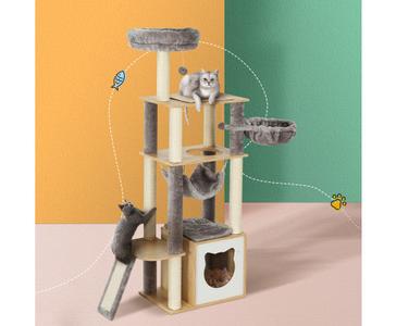152cm Cat Scratching Post Wood Bed Condo - Beige/Grey Outlet Classic