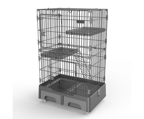 134cm 3 Level Pet Cage House With Litter Tray And Storage Box - Grey Clearance Cheap Online
