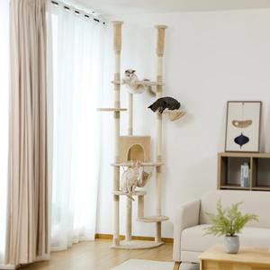 236-258cm Adjustable Cat Scratching Tower with Soft Hammocks Condo - Beige Outlet Official Site