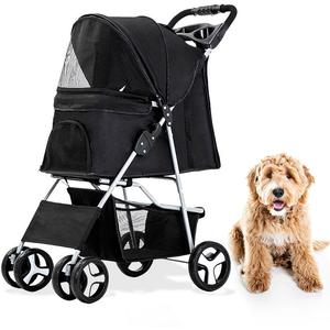 Single Four-Wheel Pet Stroller for Pets 33 Lbs. and Under with Storage Basket - Black Visit