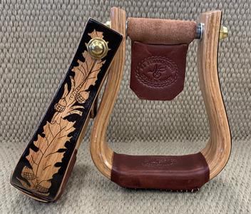 Stirrups - STP49 - Nettles 2" Flat Bottom Varnished Oak Leaf Inlay Free Shipping Sale Online