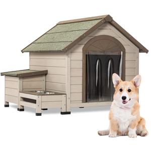 Outdoor Fir Wood Dog House With An Open Roof Ideal For Small To Medium Dogs, With Storage Box, Elevated Feeding Station With 2 Bowls. Weatherproof Asphalt Roof And Treated Wood - Cream Outlet Top Quality