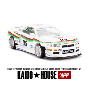 *Pre-Order* Kaido House x Mini GT - Nissan Skyline GT-R (R34) Tamiya X Kaido House “The Grasshopper” V1 – White *Sealed, Possibility of a Chase* Outlet New