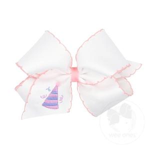 Medium Birthday Hat Embroidered Grosgrain Bow | White & Light Pink Cheap Sale Supply