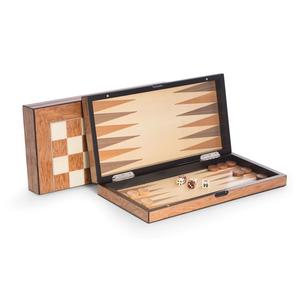 15.5" Lacquer Finished Brown Inlaid Wood Backgammon and Chess Set Pices For Sale