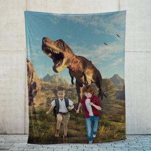 Funny T-Rex Dinosaur Running with Kids Personalized Funny Custom Blanket Free Shipping Shop