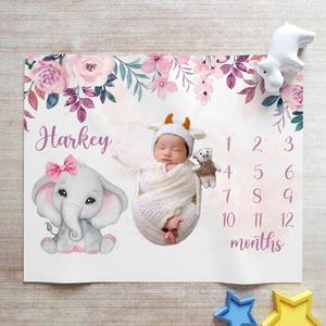 Elephant Baby Girl Milestone Blanket, Baby Growth Monthly Blanket, Personalized Baby Girl Blanket Outlet Collections